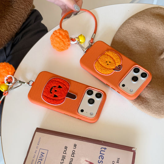 Orange Fabric Phone Case with Plush Embroidered Pumpkin & Pom-Pom Bell Wrist Strap