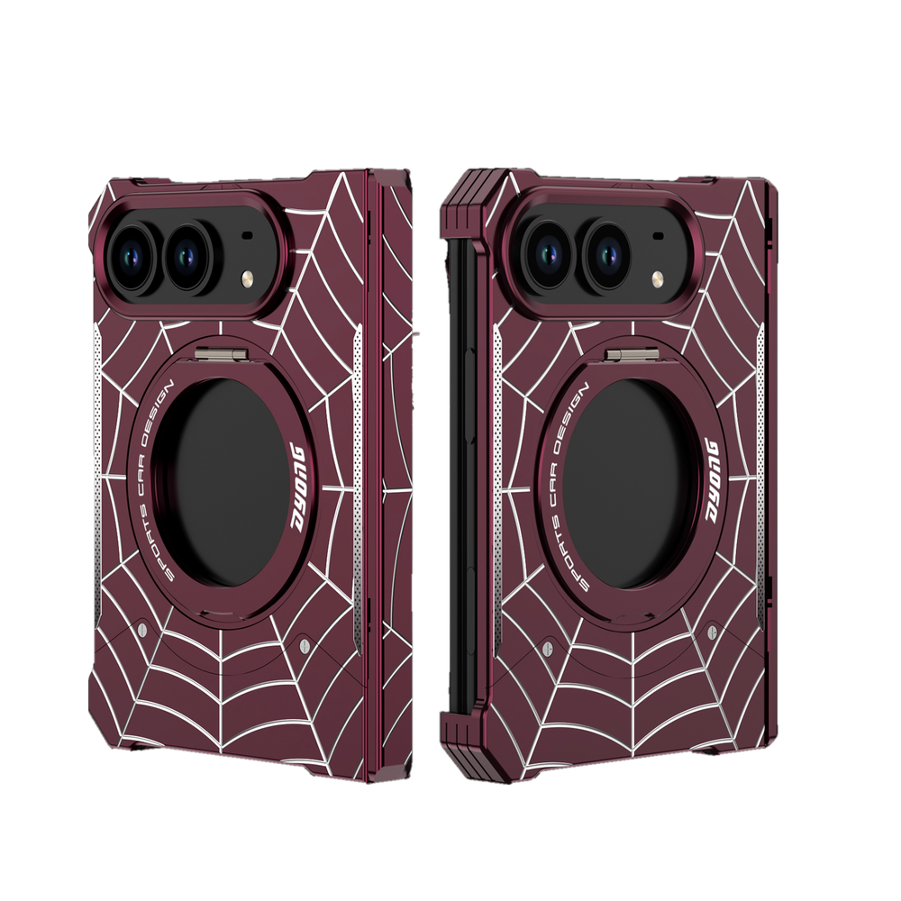 iPhone Duo Foldable Metal Case with Enclosed Hinge, Magnetic Rotating Ring Stand & Spider-Web Pattern