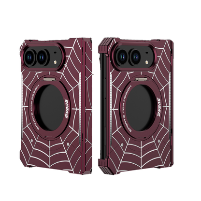 iPhone Duo Foldable Metal Case with Enclosed Hinge, Magnetic Rotating Ring Stand & Spider-Web Pattern