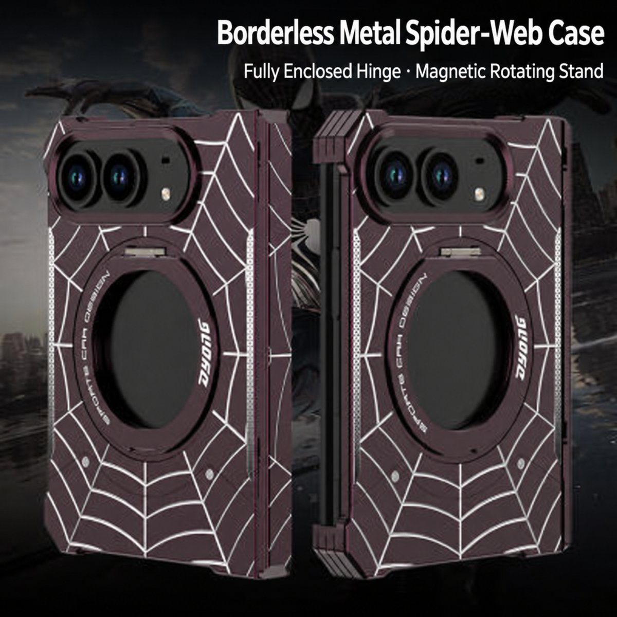 iPhone Duo Foldable Metal Case with Enclosed Hinge, Magnetic Rotating Ring Stand & Spider-Web Pattern