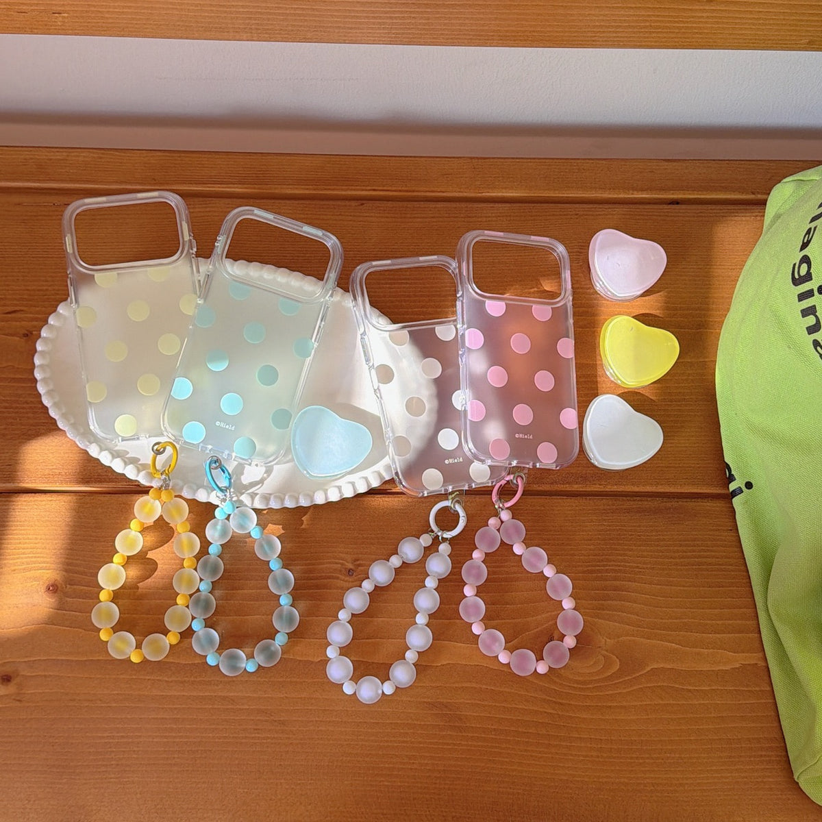 Matte Translucent Polka Dot Phone Case with Heart Stand & Beaded Wrist Strap