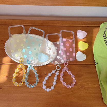 Matte Translucent Polka Dot Phone Case with Heart Stand & Beaded Wrist Strap