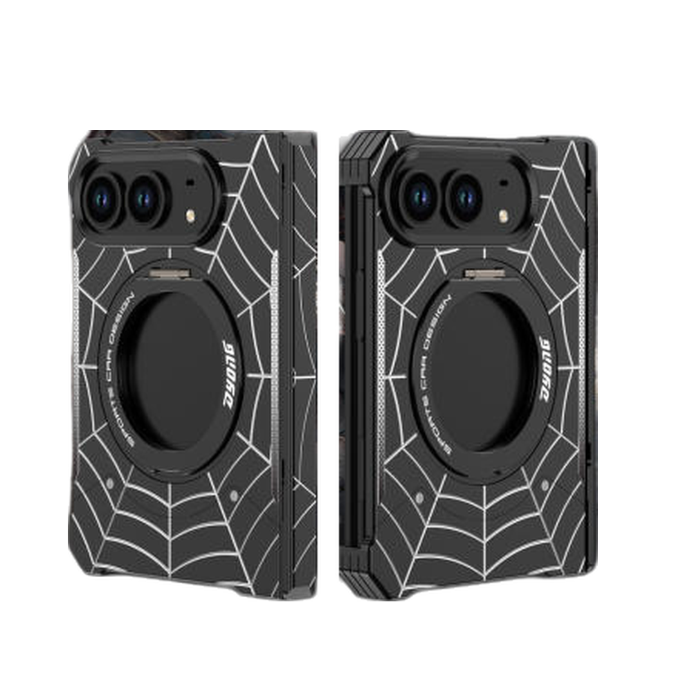 iPhone Duo Foldable Metal Case with Enclosed Hinge, Magnetic Rotating Ring Stand & Spider-Web Pattern