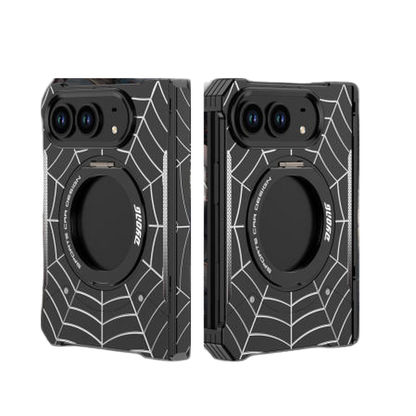 iPhone Duo Foldable Metal Case with Enclosed Hinge, Magnetic Rotating Ring Stand & Spider-Web Pattern