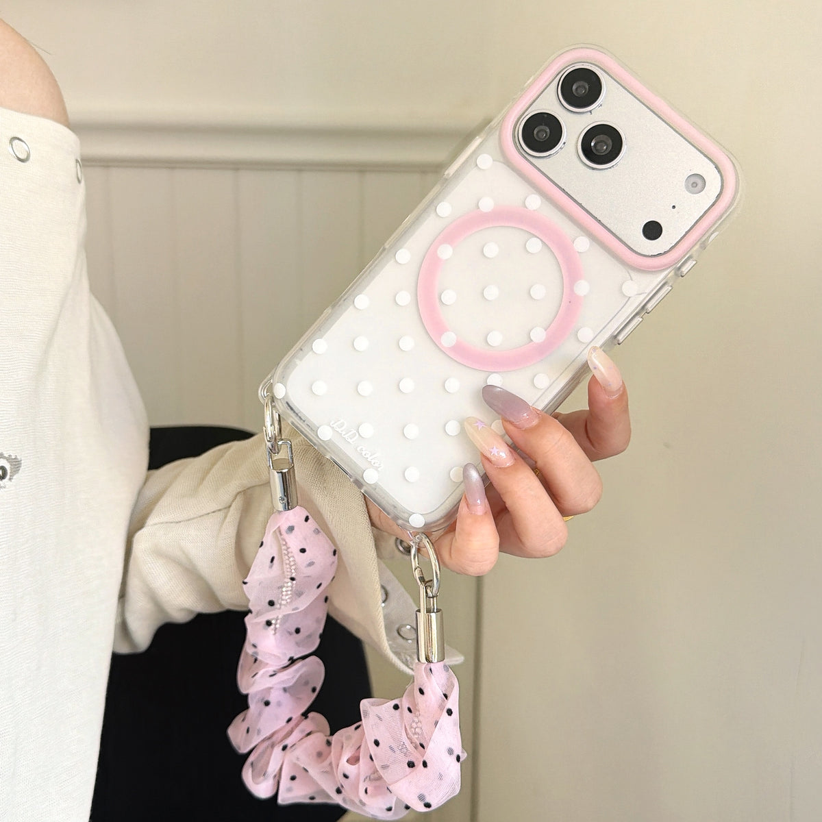 Polka Dot Phone Case with Ruffled Wrist Strap