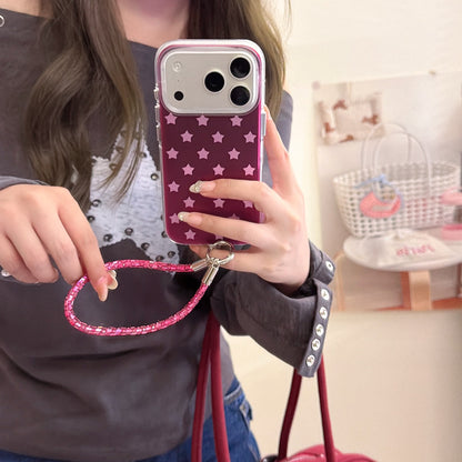 Burgundy Gradient Pink Star Air-Cushion IMD iPhone Case with Wrist Strap