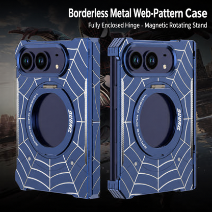 iPhone Duo Foldable Metal Case with Enclosed Hinge, Magnetic Rotating Ring Stand & Spider-Web Pattern