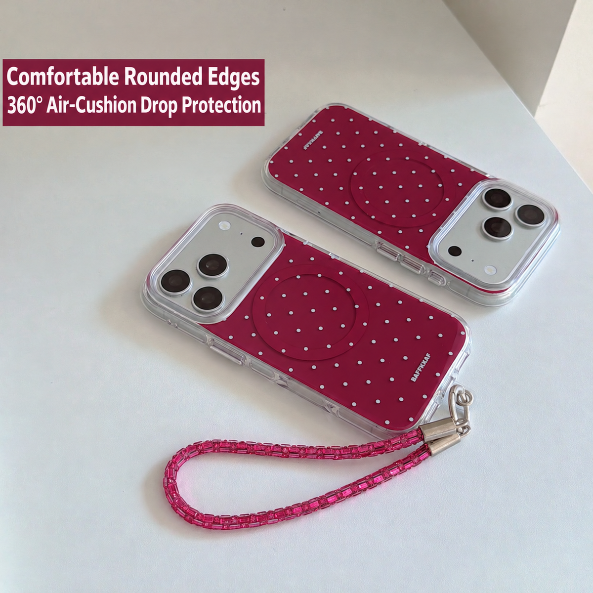 Burgundy White Polka Dot Magnetic Rounded-Edge Air-Cushion Double-Sided IMD iPhone Case with Wrist Strap