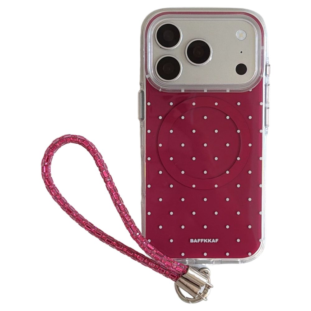 Burgundy White Polka Dot Magnetic Rounded-Edge Air-Cushion Double-Sided IMD iPhone Case with Wrist Strap