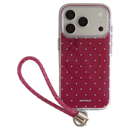 Burgundy White Polka Dot Magnetic Rounded-Edge Air-Cushion Double-Sided IMD iPhone Case with Wrist Strap