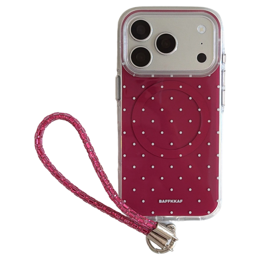 Burgundy White Polka Dot Magnetic Rounded-Edge Air-Cushion Double-Sided IMD iPhone Case with Wrist Strap