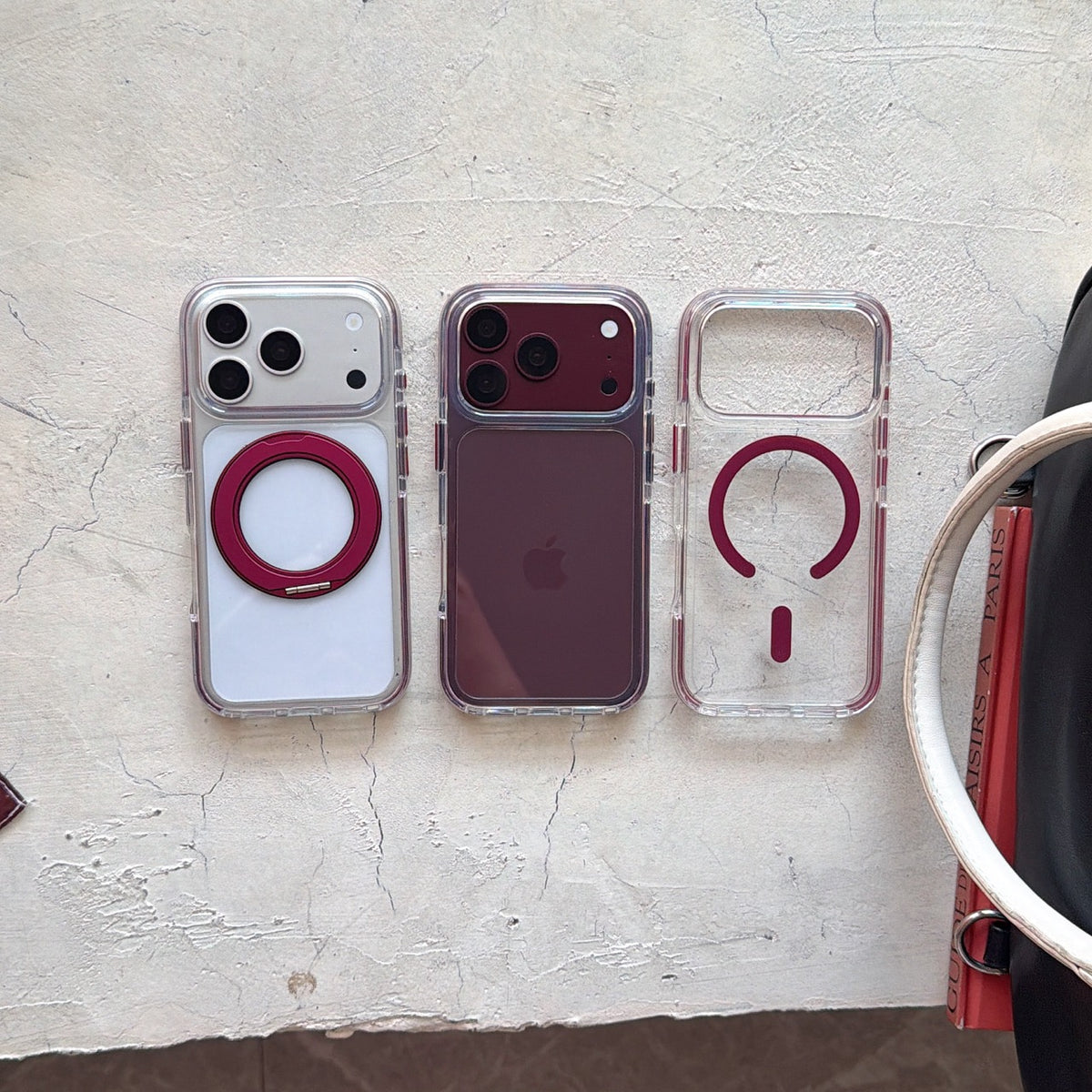 Clear Case with Cherry-Red Hinged Ring Detail – 11 iPhone Models