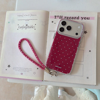 Burgundy White Polka Dot Magnetic Rounded-Edge Air-Cushion Double-Sided IMD iPhone Case with Wrist Strap