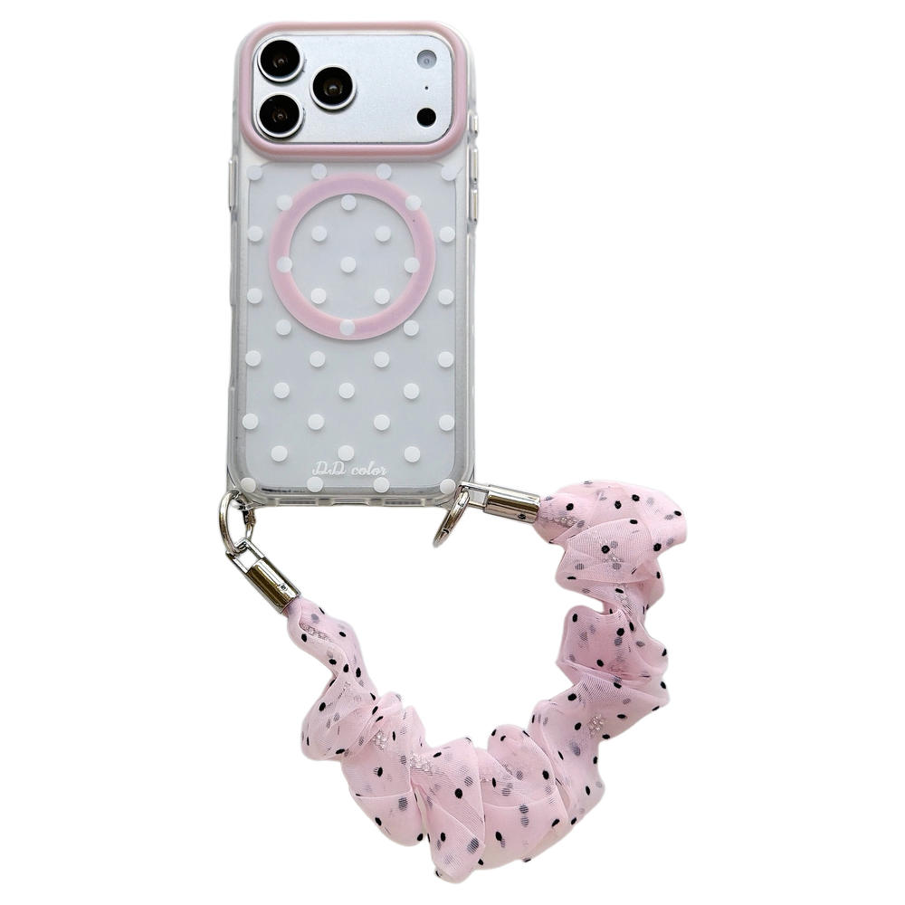 Polka Dot Phone Case with Ruffled Wrist Strap