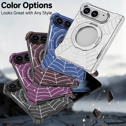 iPhone Duo Foldable Metal Case with Enclosed Hinge, Magnetic Rotating Ring Stand & Spider-Web Pattern