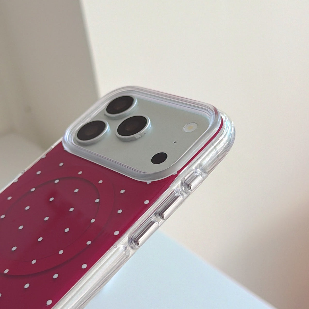 Burgundy White Polka Dot Magnetic Rounded-Edge Air-Cushion Double-Sided IMD iPhone Case with Wrist Strap