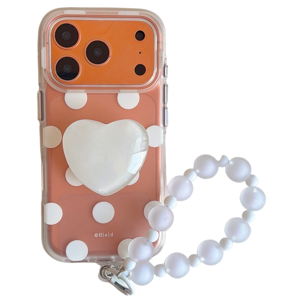Matte Translucent Polka Dot Phone Case with Heart Stand & Beaded Wrist Strap