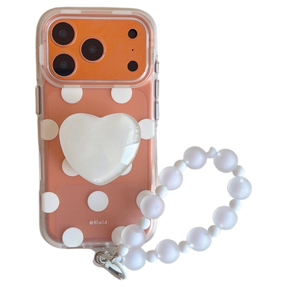 Matte Translucent Polka Dot Phone Case with Heart Stand & Beaded Wrist Strap