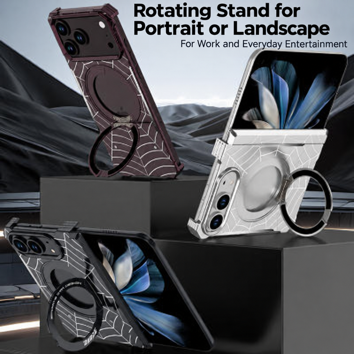 iPhone Duo Foldable Metal Case with Enclosed Hinge, Magnetic Rotating Ring Stand & Spider-Web Pattern