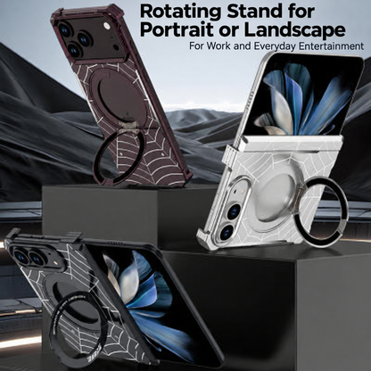 iPhone Duo Foldable Metal Case with Enclosed Hinge, Magnetic Rotating Ring Stand & Spider-Web Pattern