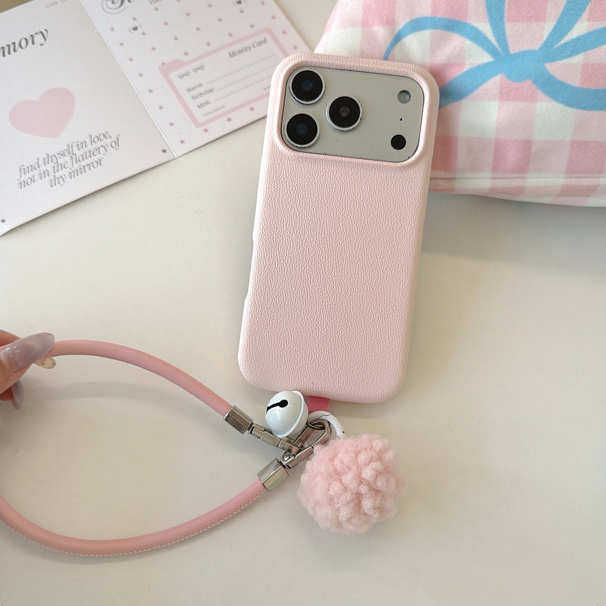 Solid Color Bell Wrist Strap Phone Case