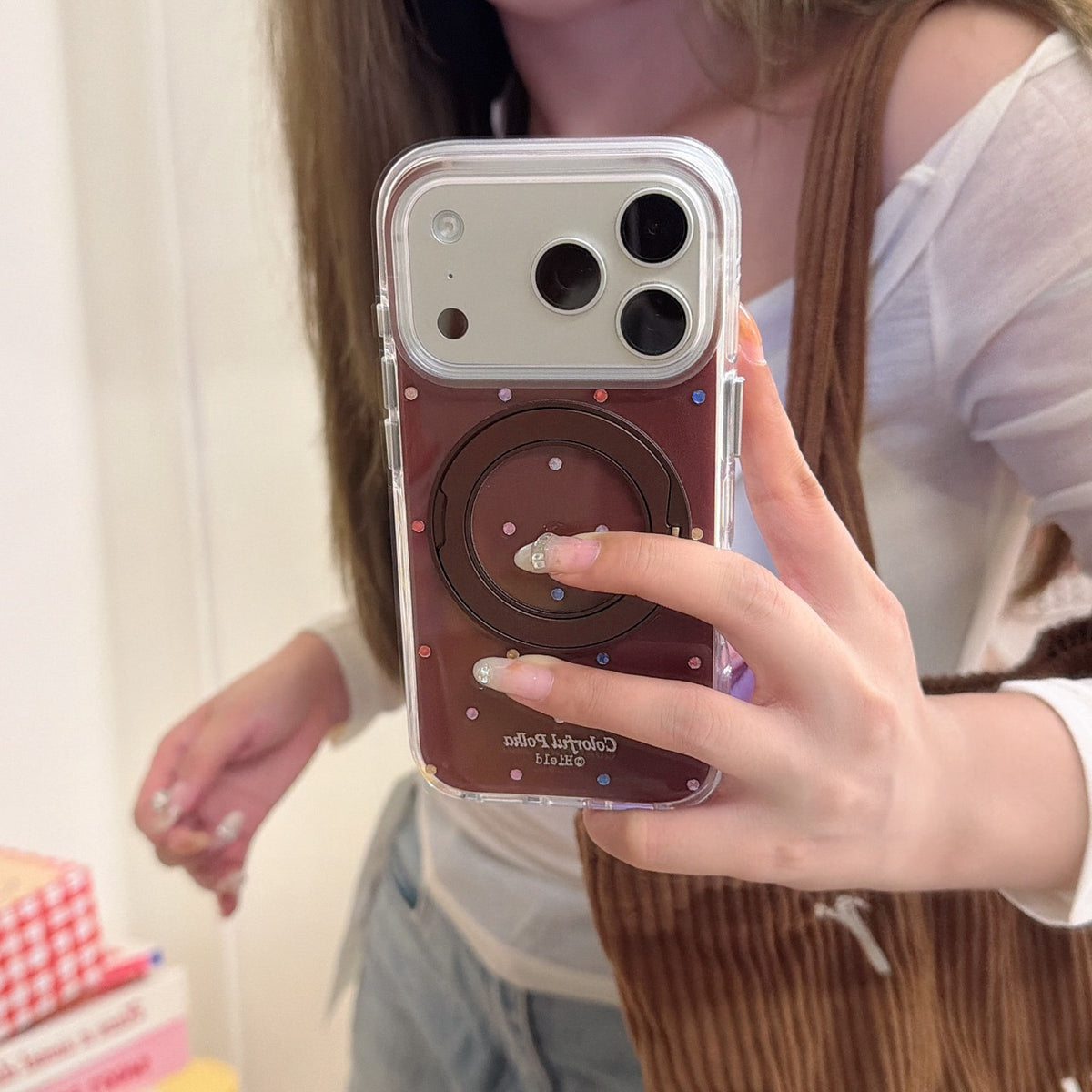Brown Colorful Rhinestone Polka Dot Gold-Accented 360° Ring Stand Air-Cushion Edge Double-Sided IMD iPhone Case