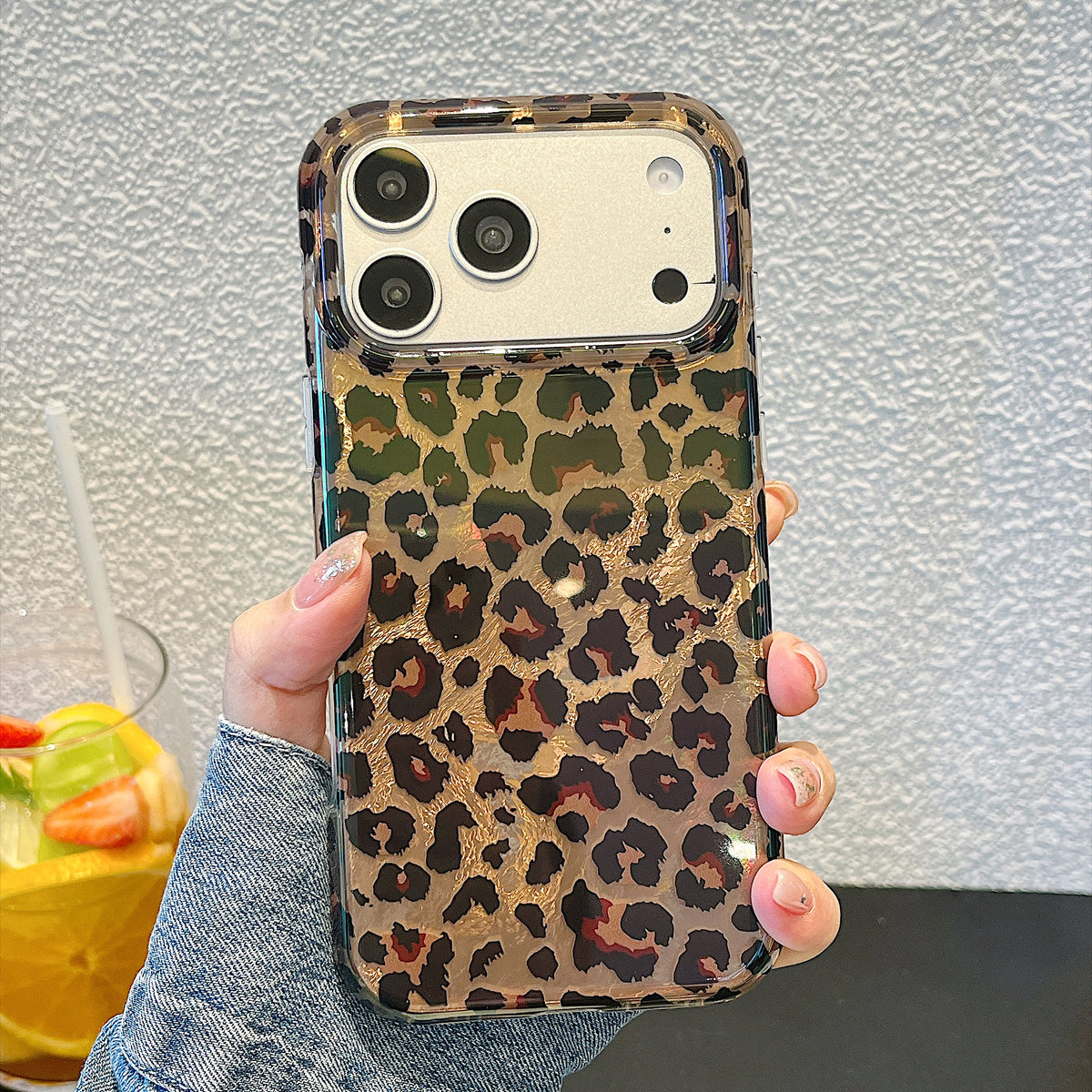 IMD Leopard Print Holographic Phone Case with Wrist Strap