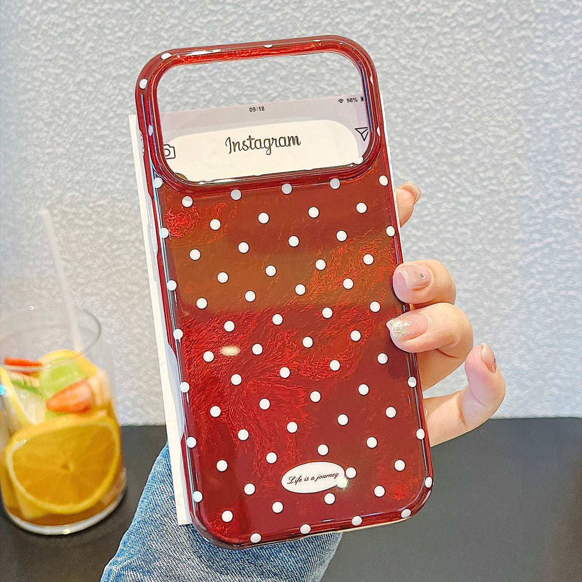 IMD Cherry Red Polka Dot Phone Case with Wrist Strap