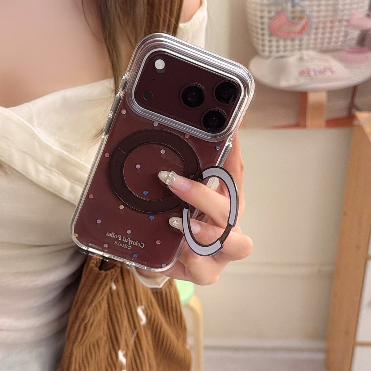 Brown Colorful Rhinestone Polka Dot Gold-Accented 360° Ring Stand Air-Cushion Edge Double-Sided IMD iPhone Case