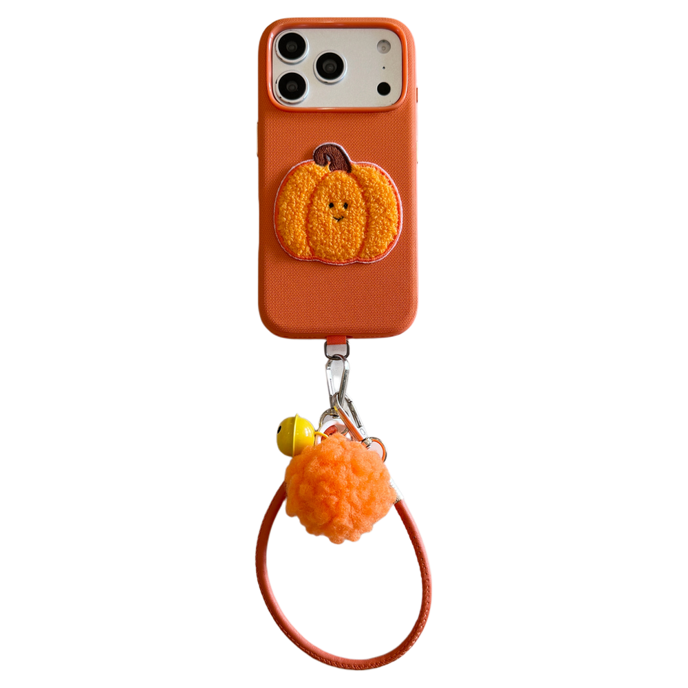 Orange Fabric Phone Case with Plush Embroidered Pumpkin & Pom-Pom Bell Wrist Strap