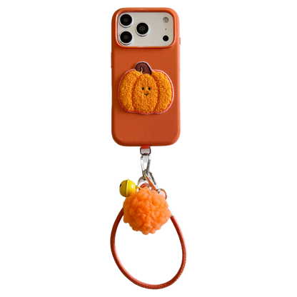 Orange Fabric Phone Case with Plush Embroidered Pumpkin & Pom-Pom Bell Wrist Strap