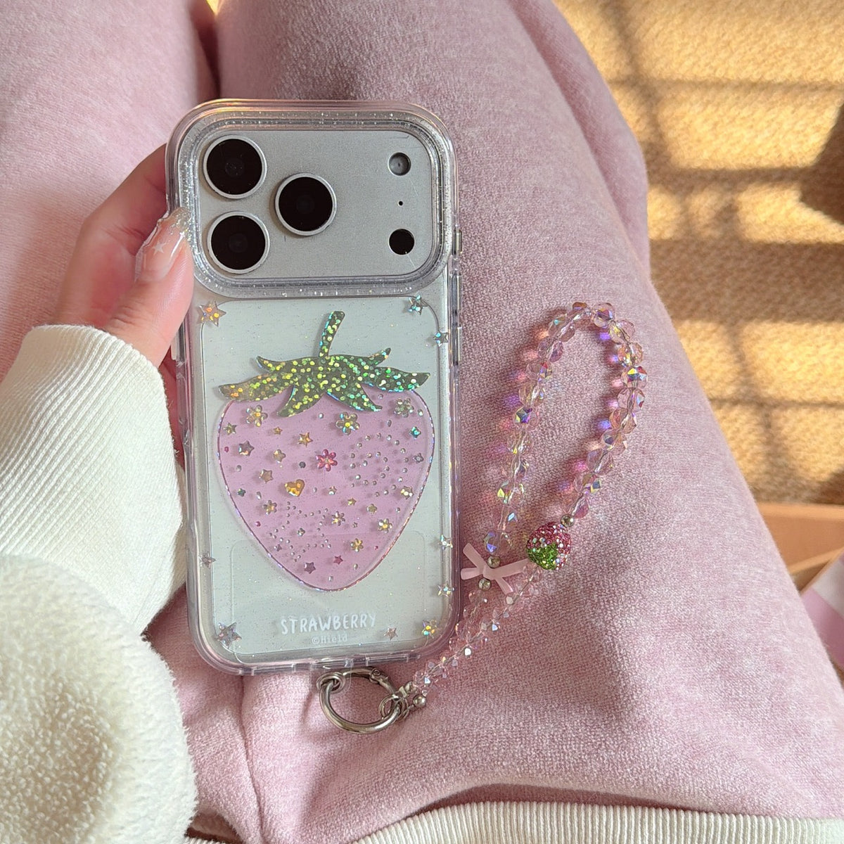 Pink Strawberry Glitter Case – With or Without Beaded Wrist Strap | 15 iPhone Models