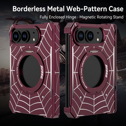 iPhone Duo Foldable Metal Case with Enclosed Hinge, Magnetic Rotating Ring Stand & Spider-Web Pattern