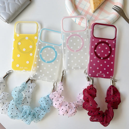 Polka Dot Phone Case with Ruffled Wrist Strap