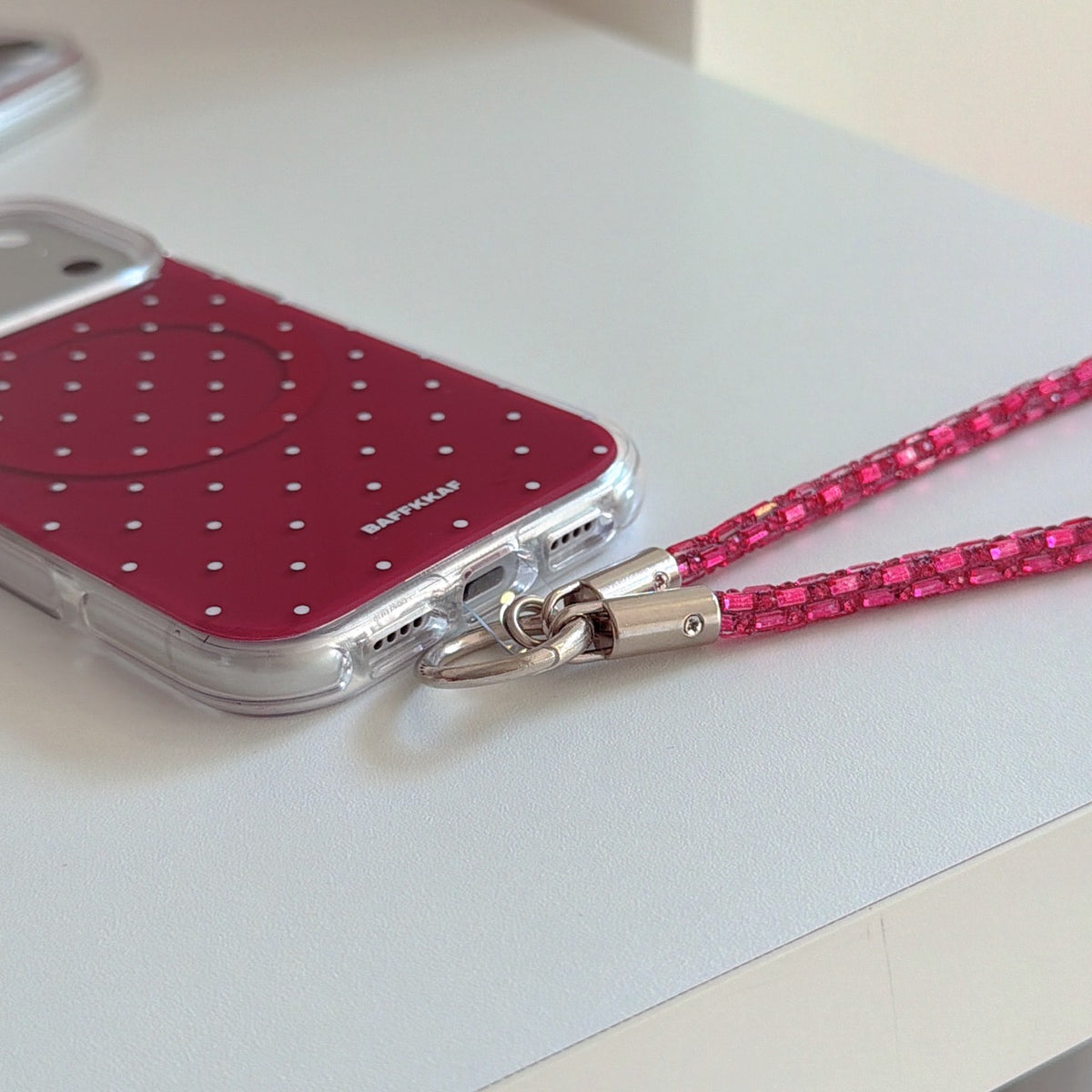 Burgundy White Polka Dot Magnetic Rounded-Edge Air-Cushion Double-Sided IMD iPhone Case with Wrist Strap