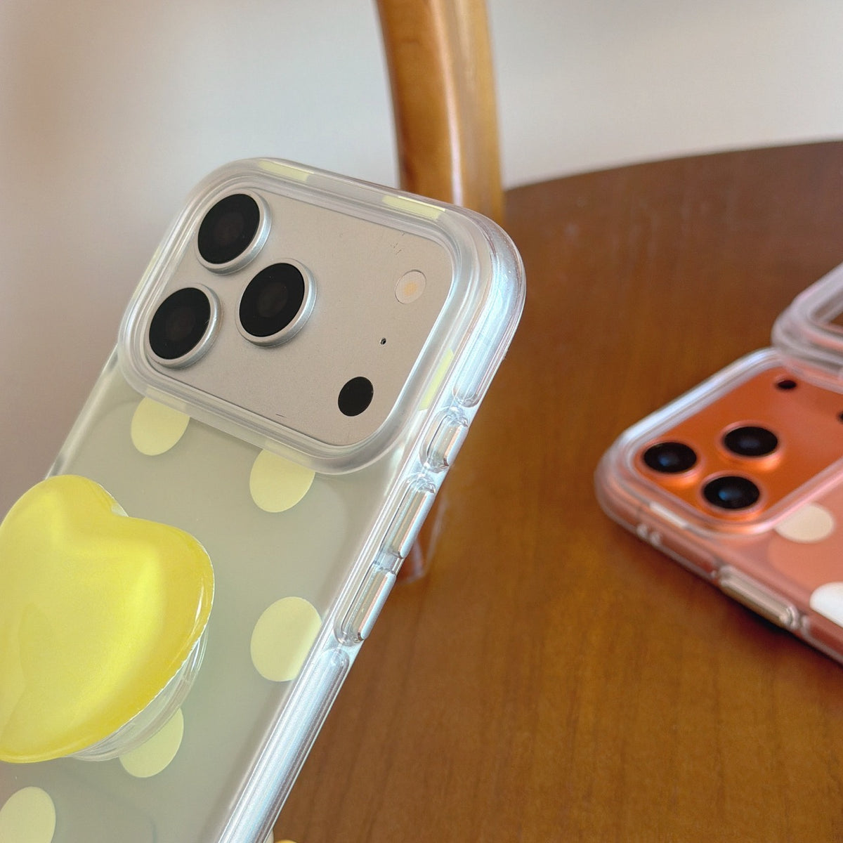 Matte Translucent Polka Dot Phone Case with Heart Stand & Beaded Wrist Strap