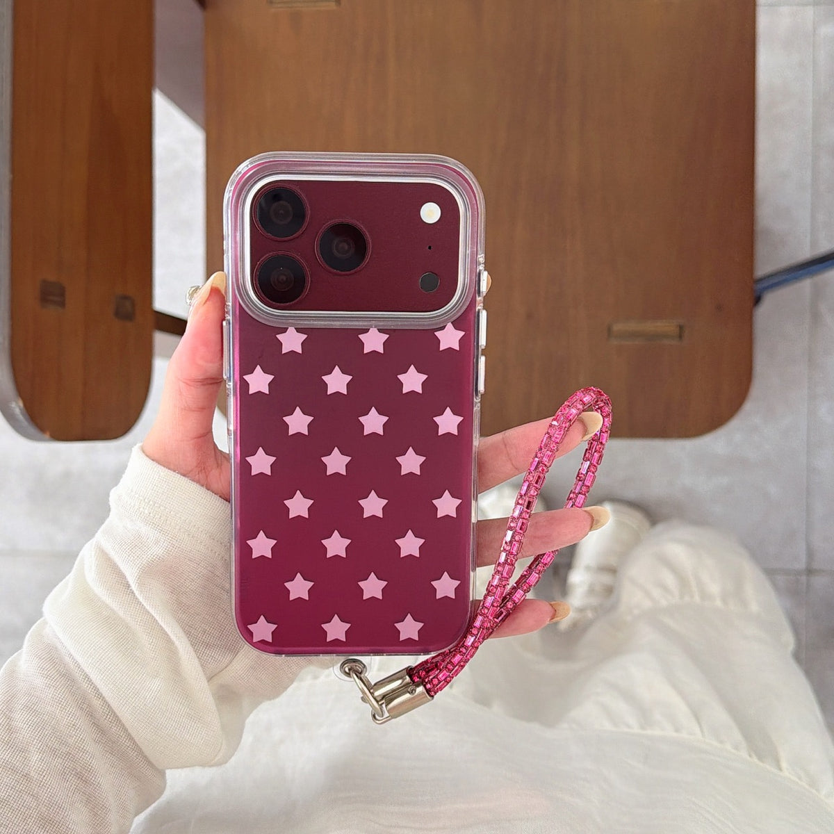 Burgundy Gradient Pink Star Air-Cushion IMD iPhone Case with Wrist Strap