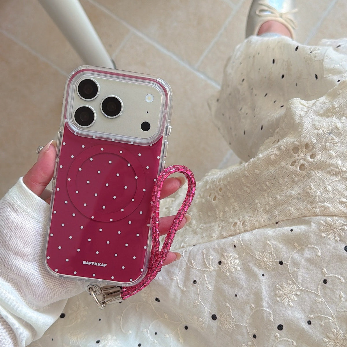 Burgundy White Polka Dot Magnetic Rounded-Edge Air-Cushion Double-Sided IMD iPhone Case with Wrist Strap
