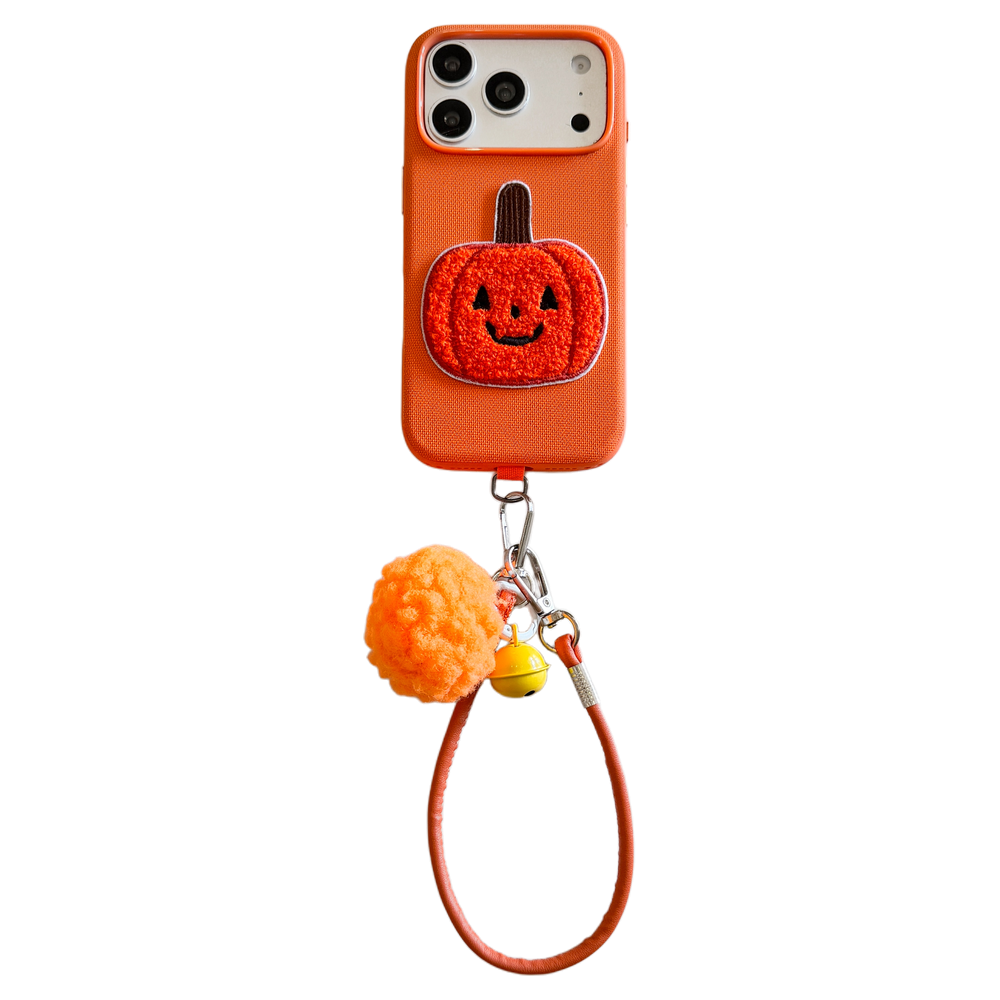 Orange Fabric Phone Case with Plush Embroidered Pumpkin & Pom-Pom Bell Wrist Strap