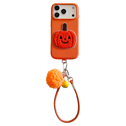 Orange Fabric Phone Case with Plush Embroidered Pumpkin & Pom-Pom Bell Wrist Strap