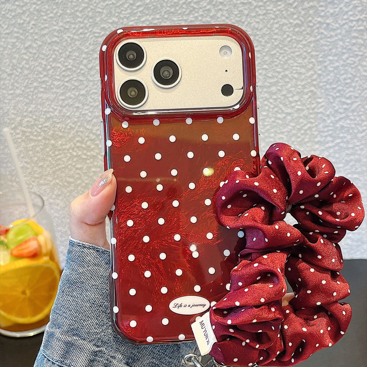 IMD Cherry Red Polka Dot Phone Case with Wrist Strap