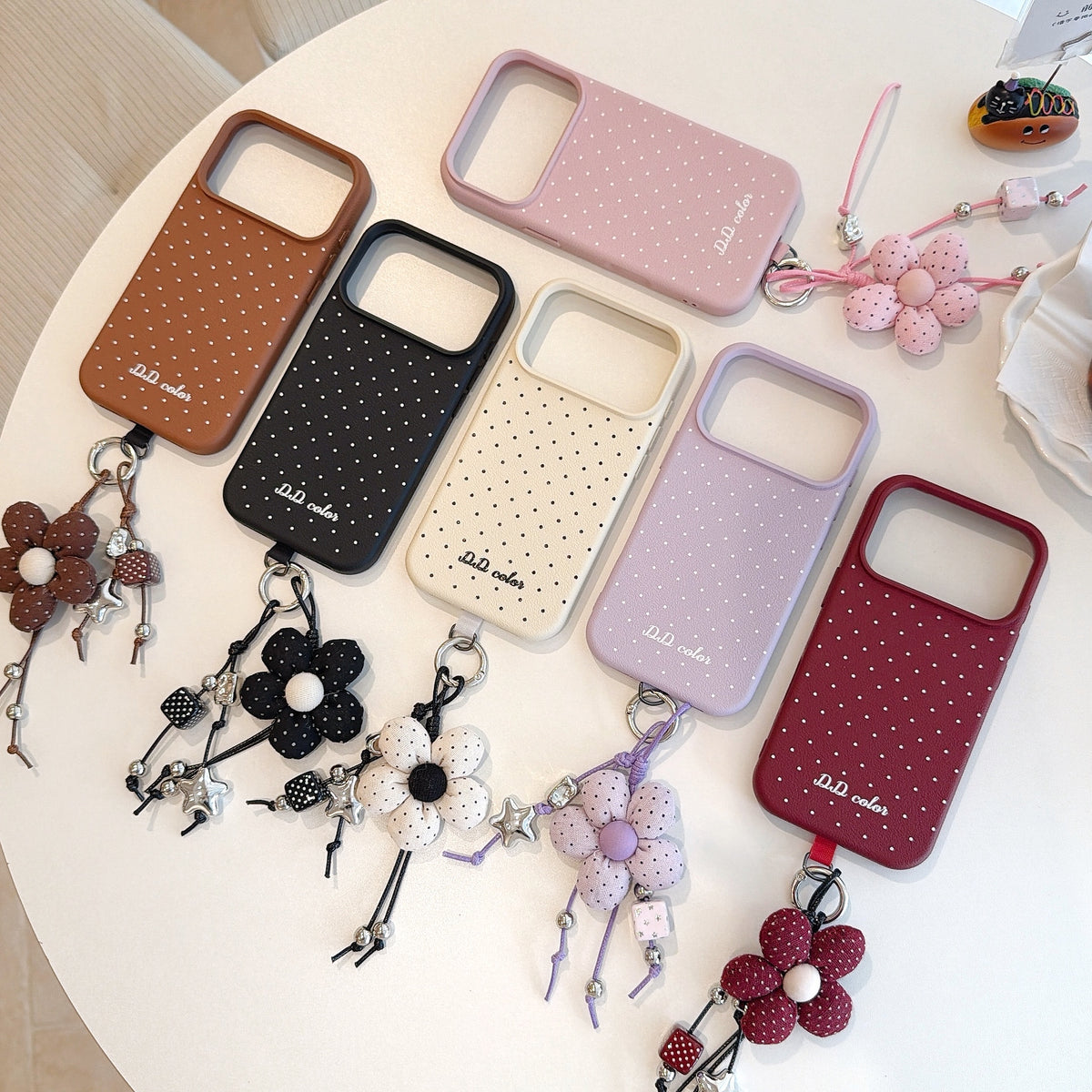 Polka Dot Phone Case with Flower Wrist Strap – 6 Color Styles