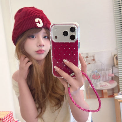 Burgundy White Polka Dot Magnetic Rounded-Edge Air-Cushion Double-Sided IMD iPhone Case with Wrist Strap