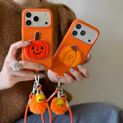 Orange Fabric Phone Case with Plush Embroidered Pumpkin & Pom-Pom Bell Wrist Strap