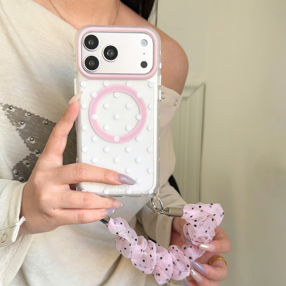 Polka Dot Phone Case with Ruffled Wrist Strap