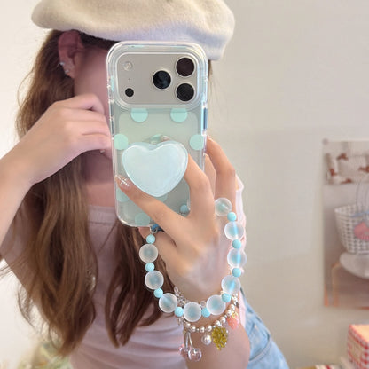 Matte Translucent Polka Dot Phone Case with Heart Stand & Beaded Wrist Strap