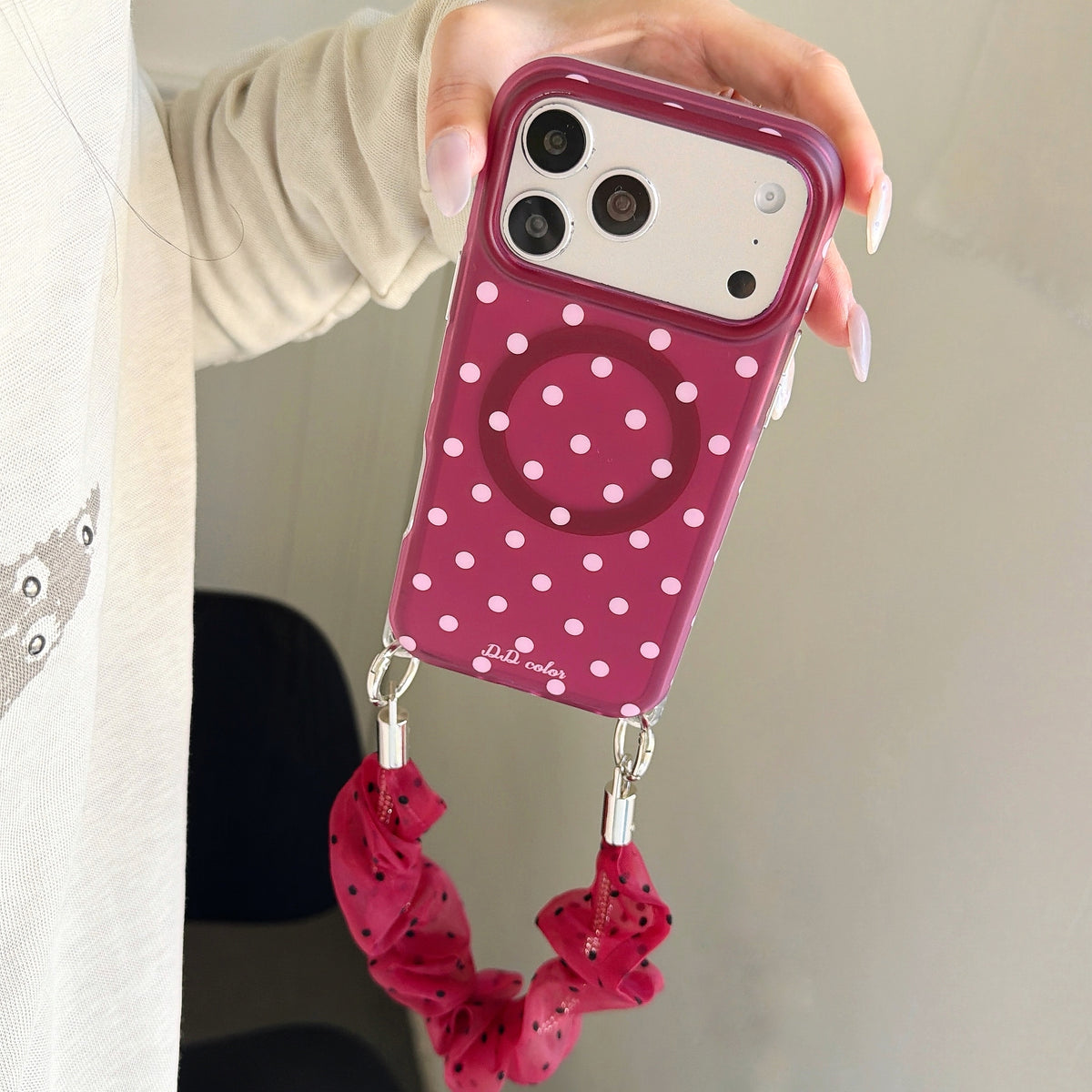 Polka Dot Phone Case with Ruffled Wrist Strap