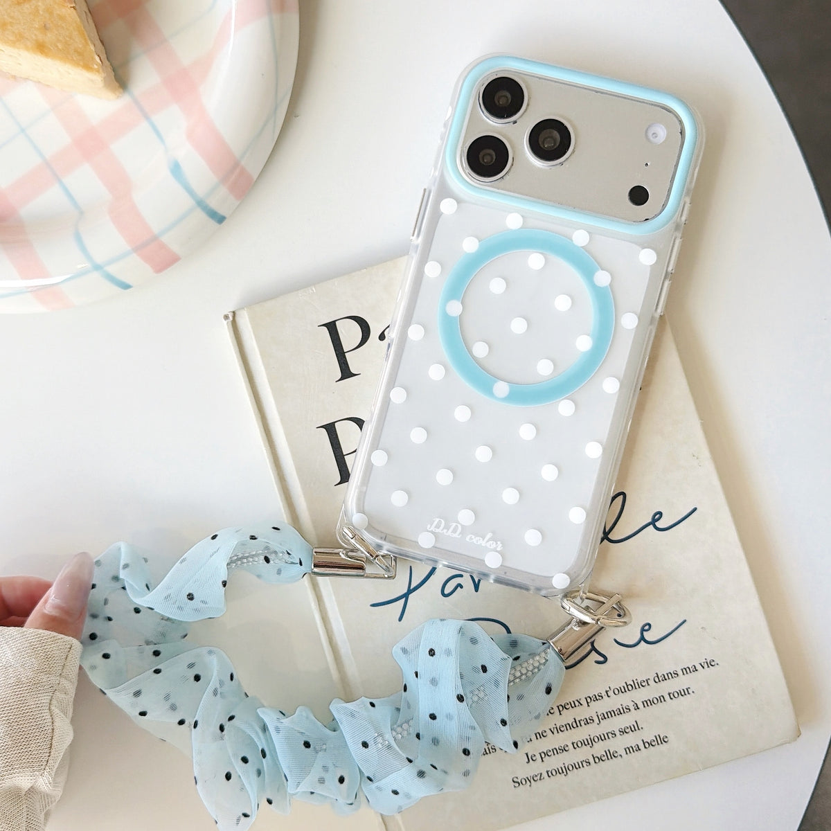 Polka Dot Phone Case with Ruffled Wrist Strap