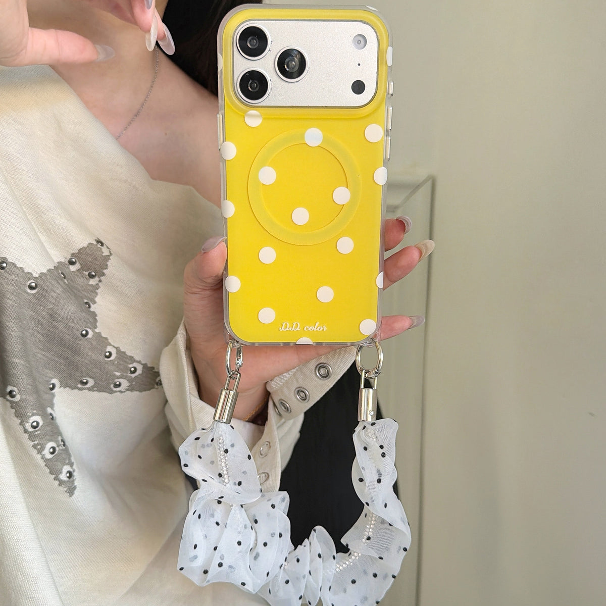 Polka Dot Phone Case with Ruffled Wrist Strap