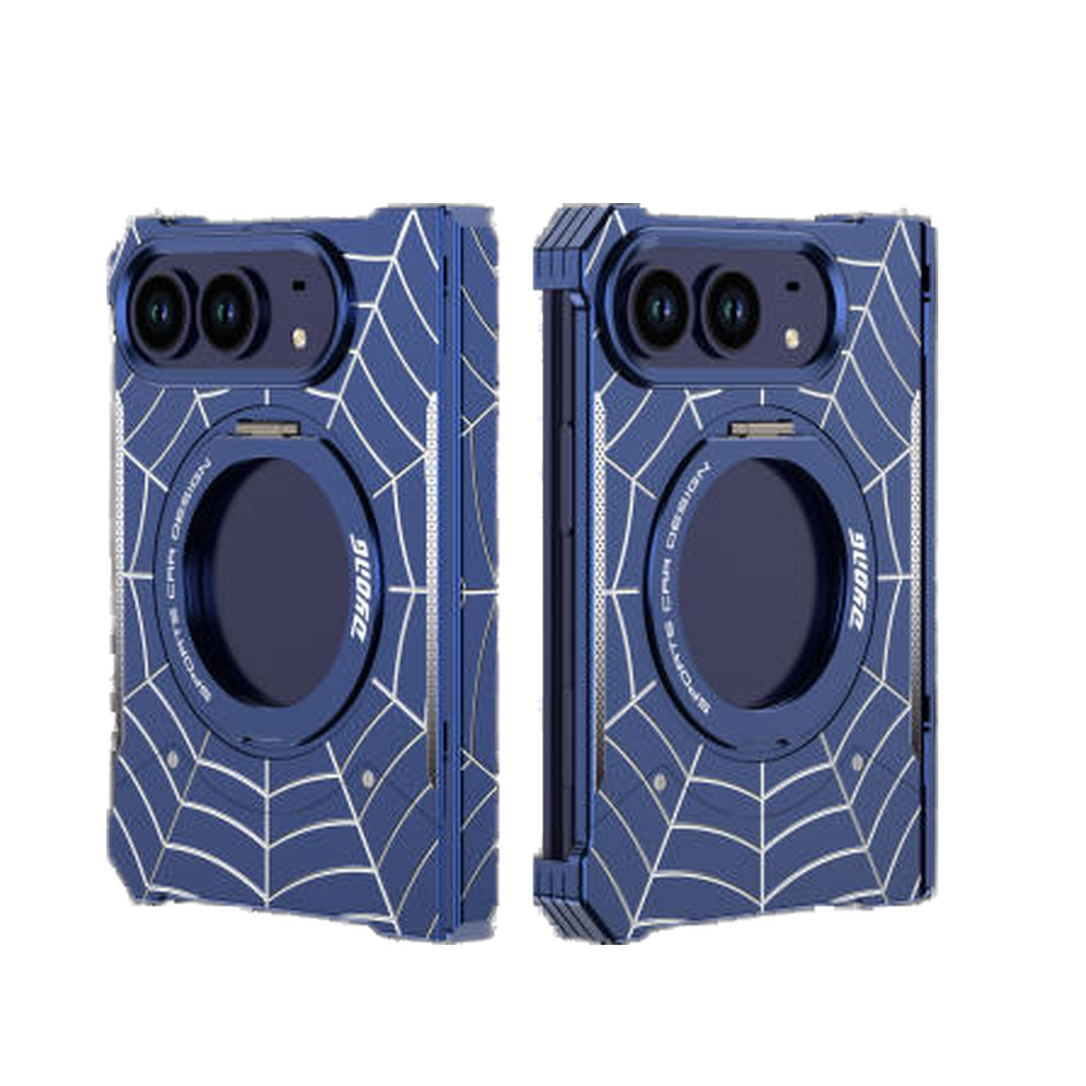 iPhone Duo Foldable Metal Case with Enclosed Hinge, Magnetic Rotating Ring Stand & Spider-Web Pattern